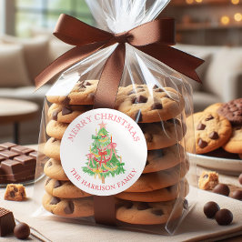 Adesivo Redondo Árvore de Natal de Arcos de Coquetes de Aquarela