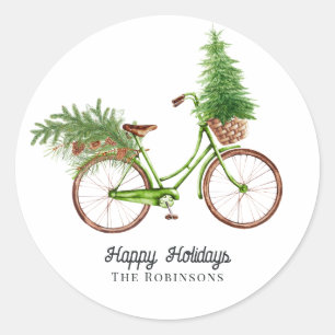 Adesivo Redondo Árvore de Natal de Bicicleta Retrô e Pinheiros de 