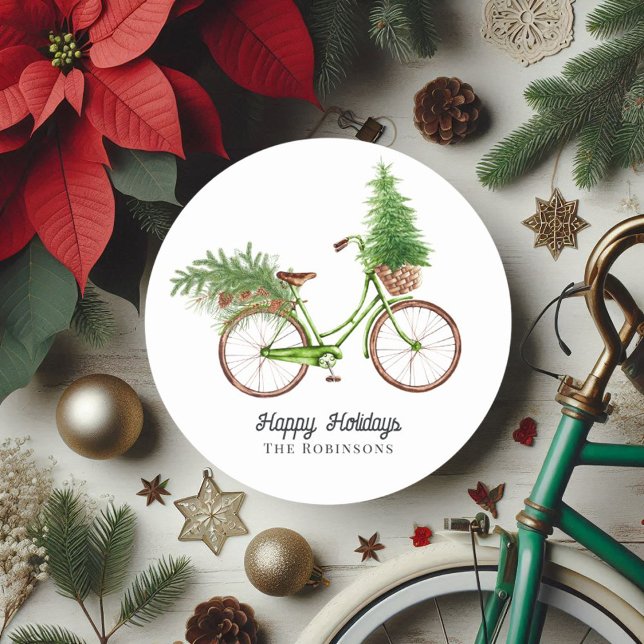 Adesivo Redondo Árvore de Natal de Bicicleta Retrô e Pinheiros de  (Retro Bicycle Christmas Tree and Pines Holiday Classic Round Sticker)