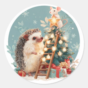 Adesivo Redondo Árvore de Natal de Decoração de Cachorro e Rato