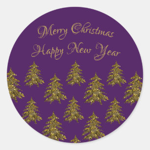 Adesivo Redondo Árvore de Natal de ouro cintilante no Natal roxo