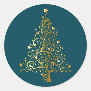 Adesivo Redondo Árvore de Natal de Ouro no Teal Escuro