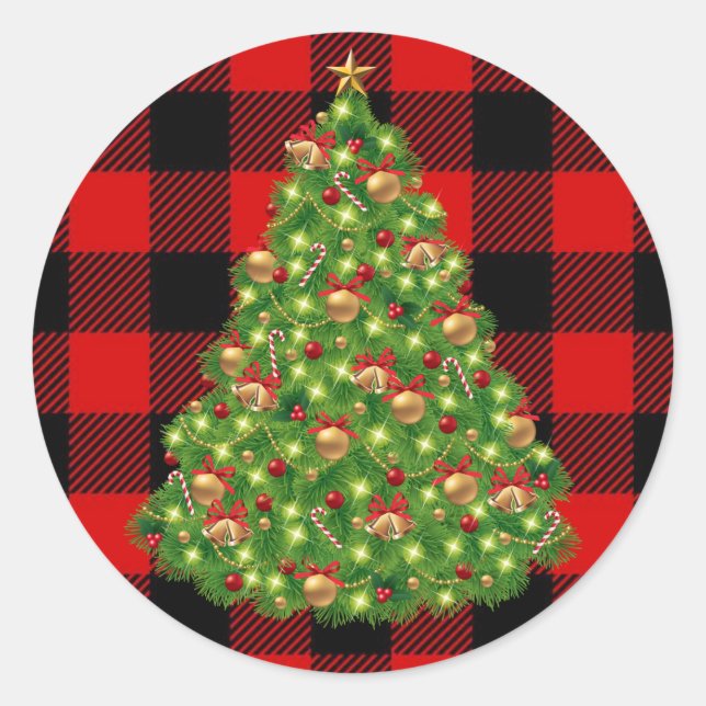 Adesivo Redondo Árvore de Natal de Verificação de Buffalo Vermelho (Frente)