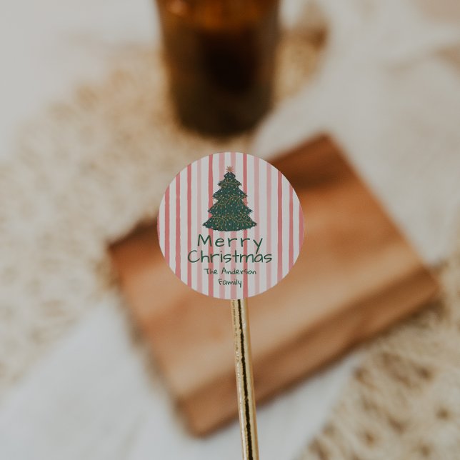 Adesivo Redondo Árvore de Natal Desenhada com Mão Verde Rosa Vinta (Criador carregado)