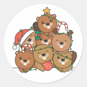 Adesivo Redondo Árvore de Natal do Beaver Engraçado Classe de Nata