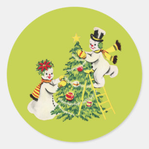 Adesivo Redondo Árvore de Natal do Casal de neve retrô