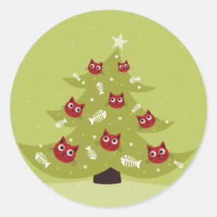Adesivo Redondo Árvore de Natal do gato com ornamento dos peixes