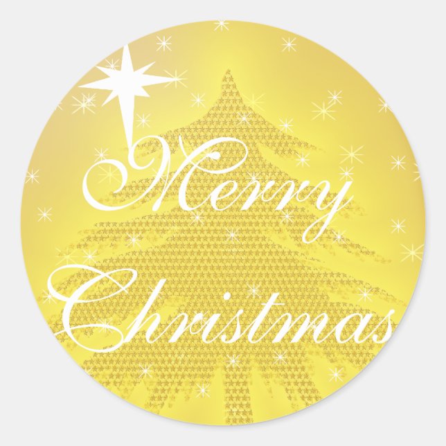 Adesivo Redondo Árvore de Natal Dourada do Sticker com Estrelas (Frente)