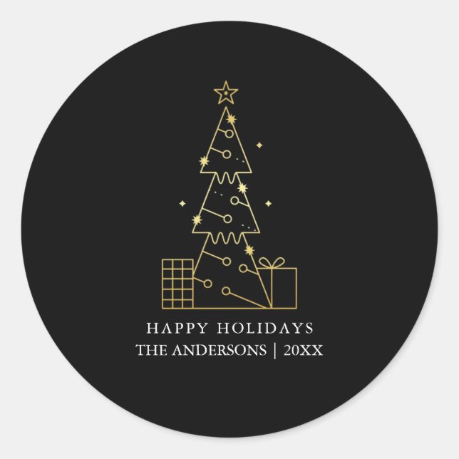 Adesivo Redondo Árvore de Natal Dourada mínima, preto moderno (Frente)