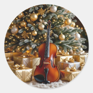 Adesivo Redondo Árvore de Natal Dourada, Presentes e Violino