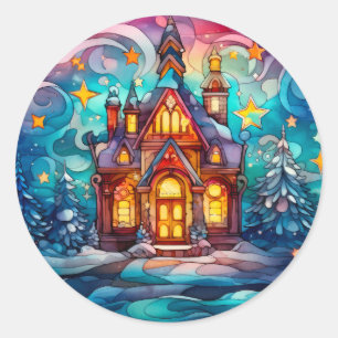 Adesivo Redondo Árvore de Natal e Casa Colorida de Vidro Pintado