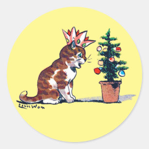 Adesivo Redondo Árvore de Natal e Kitten, Louis Wain
