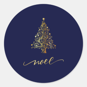 Adesivo Redondo Árvore de Natal Elegante Azul Marinho e Dourado No