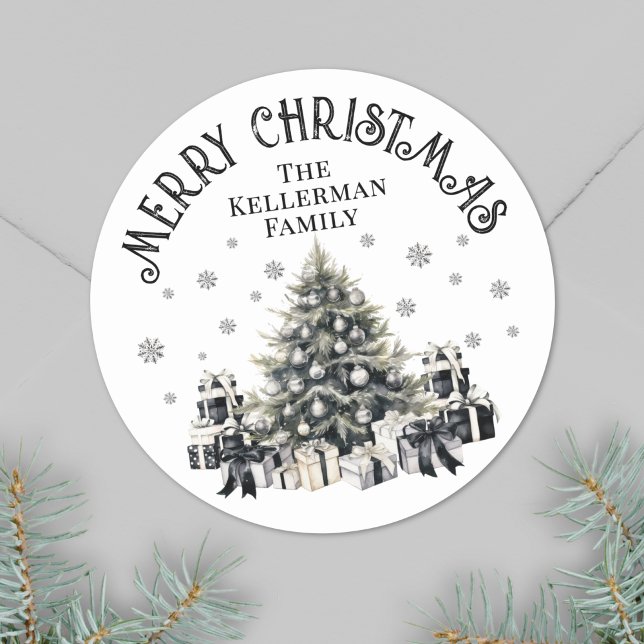 Adesivo Redondo Árvore de Natal Elegante Branca Negra (Black White Elegant Christmas Tree Classic Round Sticker)