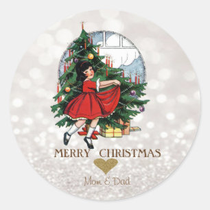 Adesivo Redondo Árvore de Natal Elegante Menina Bokeh
