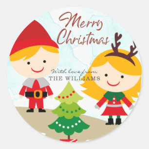 Adesivo Redondo Árvore de Natal Elfos Personalizada