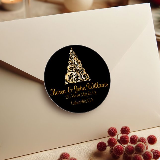 Adesivo Redondo Árvore de Natal Endereço de Devolução Dourado (Criador carregado)