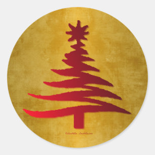 Adesivo Redondo Árvore de Natal Estêncil Vermelho no Dourado