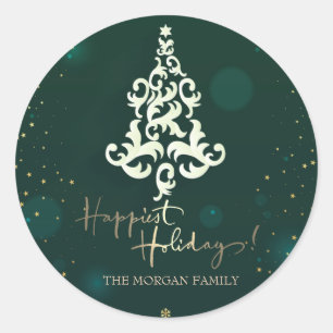 Adesivo Redondo Árvore de Natal,Estrelas,Felizes Festas Verde