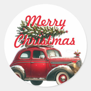 Adesivo Redondo Árvore de Natal Feliz Carro vintage Vermelho de Na