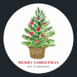 Adesivo Redondo Árvore de Natal Festiva no Wicker Basket Christmas<br><div class="desc">Árvore natalina de aquarela com um adesivo de férias em cesto de vime | Este adesivo de Natal personalizável apresenta uma árvore de Natal com ornamentos vermelhos em uma cesta mais vadia. Personalize adicionando seus próprios detalhes. Este será perfeito como um convite ou um selo de cartão de férias. Itens...</div>