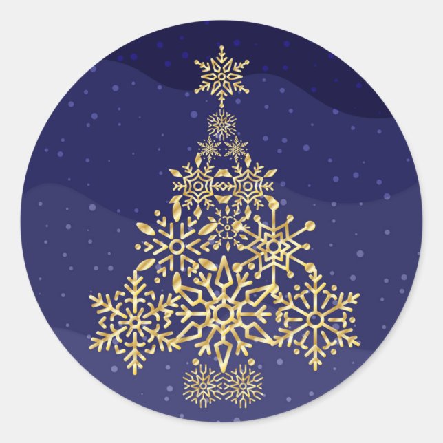 Adesivo Redondo Árvore de Natal Floco de Neve Azul e Dourado Adesi (Frente)