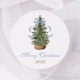 Adesivo Redondo Árvore de Natal Laço Azul Natalino Préppy