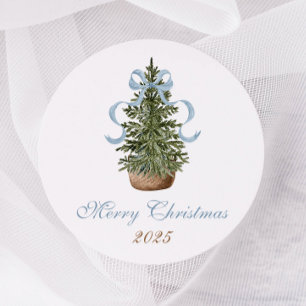 Adesivo Redondo Árvore de Natal Laço Azul Natalino Préppy