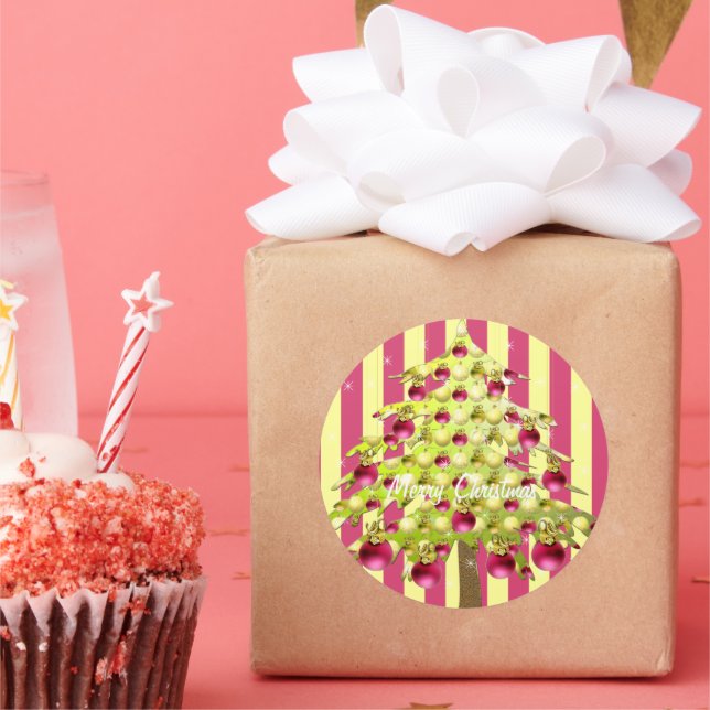 Adesivo Redondo Árvore de Natal limão com ornamentos de ameixa (Festa)