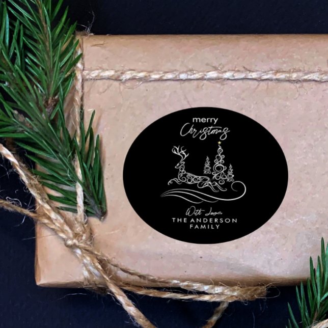 Adesivo Redondo Árvore de Natal Moderna e Elegante e Reindeer (Criador carregado)