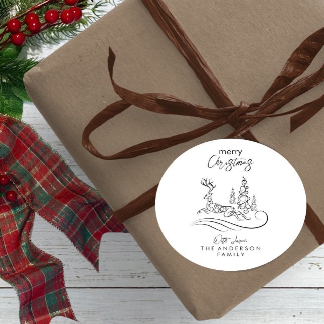 Adesivo Redondo Árvore de Natal Moderna e Elegante e Reindeer (Criador carregado)