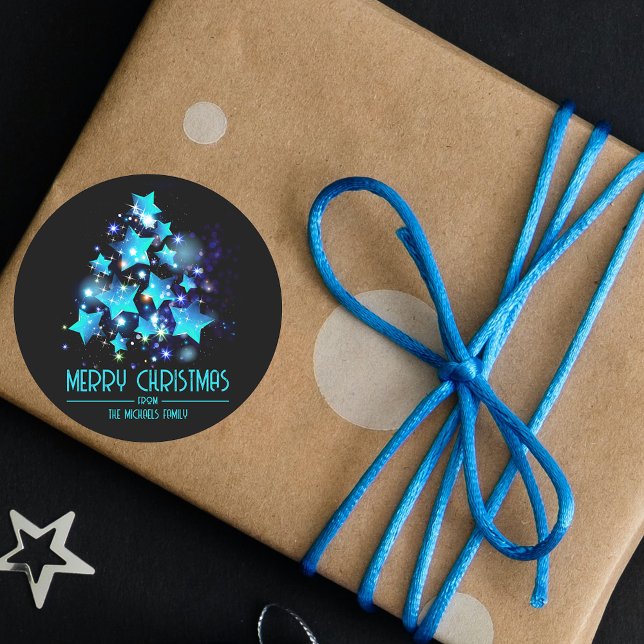 Adesivo Redondo Árvore de Natal Moderna Estelar Azul Preto Feriado (Criador carregado)