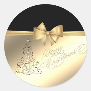 Adesivo Redondo Árvore de Natal Moderna, Laço Falso Dourado