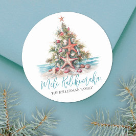 Adesivo Redondo Árvore de Natal na Praia Mele Kalikimaka