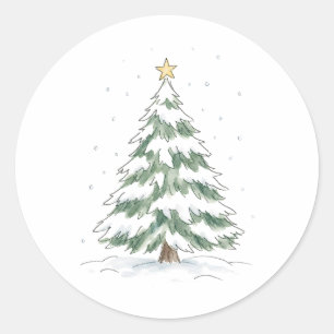 Adesivo Redondo Árvore de Natal Nevada com Estrela Dourada Aquarel