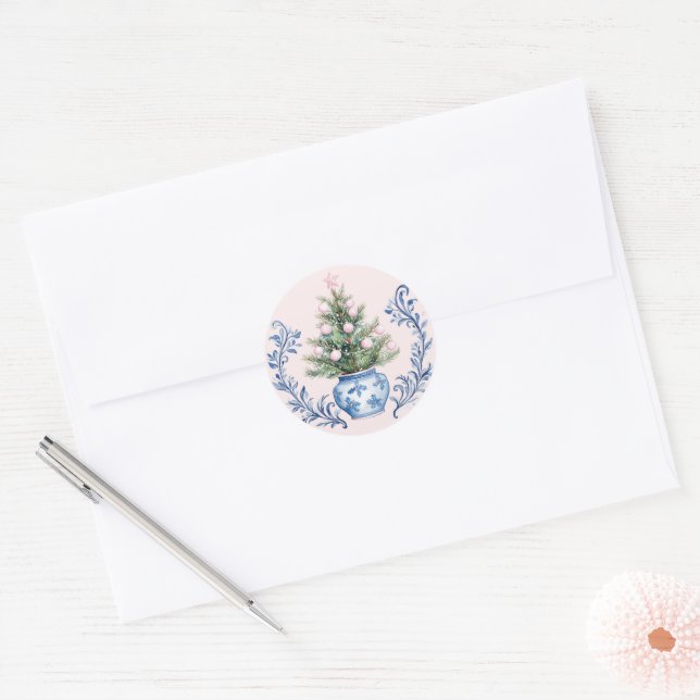 Adesivo Redondo Árvore de Natal Pink & Blue Damask Crest (Envelope)