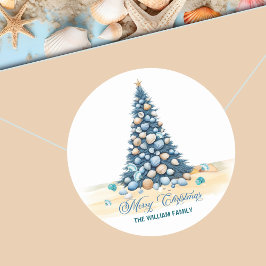 Adesivo Redondo Árvore de Natal Praia Feliz Natal