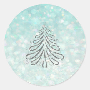 Adesivo Redondo Árvore de Natal Romântico Brilho azul claro