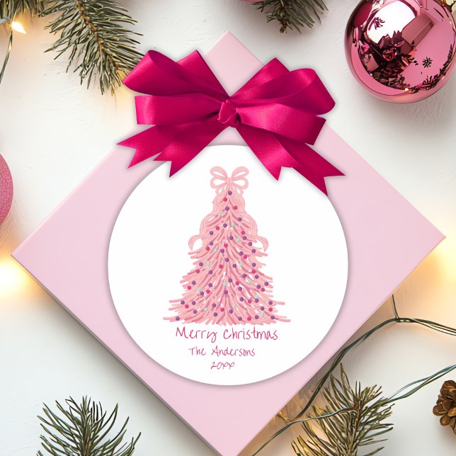 Adesivo Redondo Árvore de Natal Rosa com Laço Rosa (Criador carregado)
