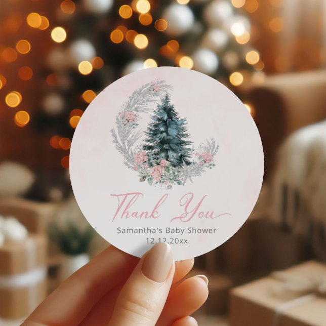 Adesivo Redondo Árvore de Natal Rosa Prata Obrigada (Criador carregado)