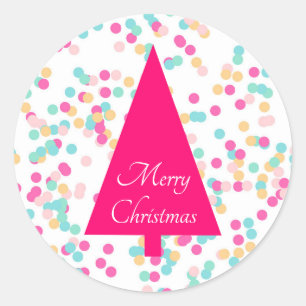 Adesivo Redondo Árvore de Natal rosa Tipografia de Natal Feliz