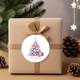 Adesivo Redondo Árvore de Natal Rosa Vintage Minimalista Moderna