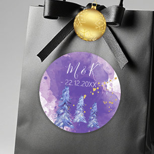 Adesivo Redondo Árvore de Natal Roxa Flocos de Neve Dourados