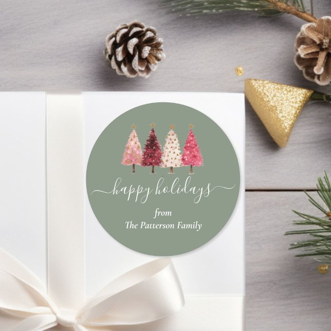 Adesivo Redondo Árvore de Natal Vermelho Cor-de-rosa Verde (Christmas Tree Red Pink Green Custom Classic Round Sticker)