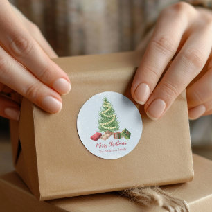 Adesivo Redondo Árvore e presentes de Natal com Neve Aquarela