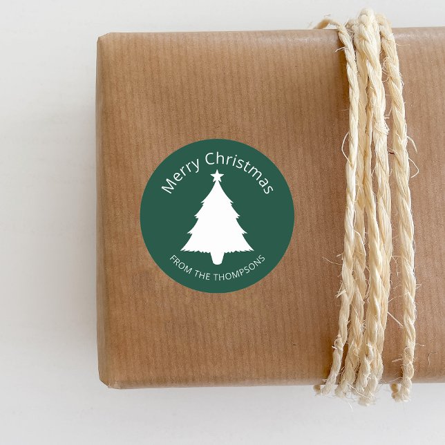 Adesivo Redondo Árvore E Texto De Natal Mínimos Verde E Branco (Festive design for the Holiday season. Personalize with your custom text.)