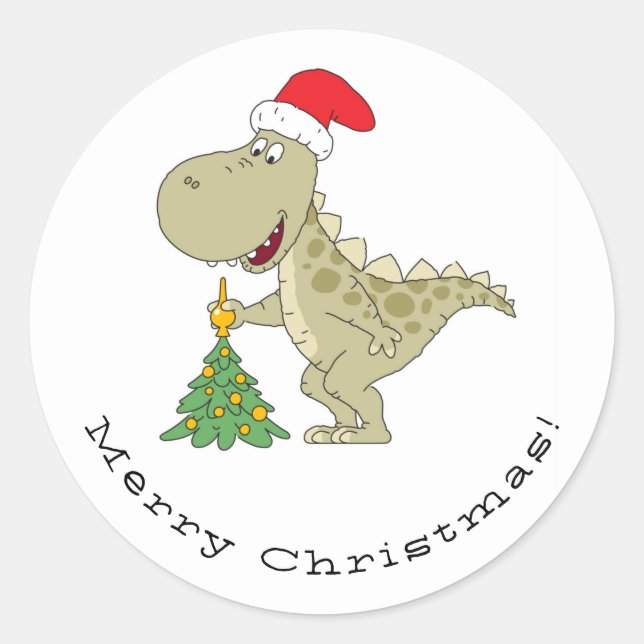 Adesivo Redondo Árvore Feliz de Natal Dinossauro Santa Hat (Frente)