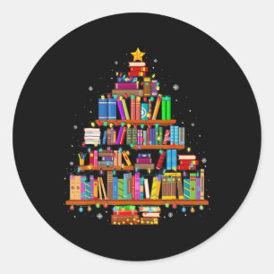 Adesivo Redondo Árvore Feliz Natal Amante de Livros Bibliotecário