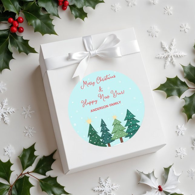 Adesivo Redondo Árvore Florestal de Pinheiro de Natal Feliz Natal (Criador carregado)