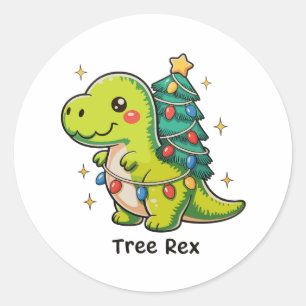 Adesivo Redondo Árvore Fofa Rex Natal Dinossauro T Rex Luzes de Na